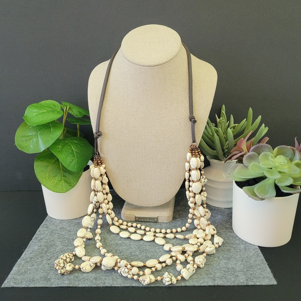 Boho White Stone Multi Strand Statement Necklace Copper Tone Beads 28"